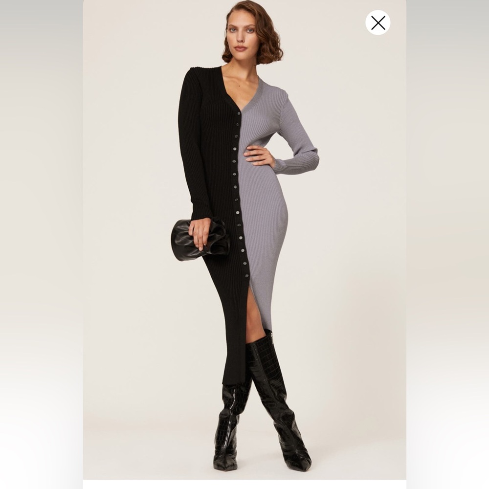 STAUD Black and Gray Long Sleeve Knit Dress